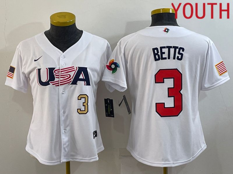 Youth 2023 World Cub USA #3 Betts White MLB Jersey1->youth mlb jersey->Youth Jersey